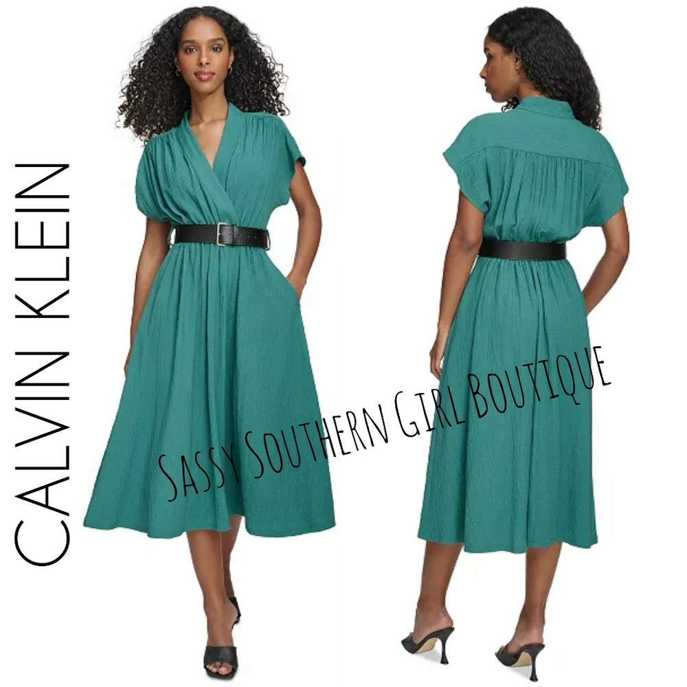 ⭐🆕 Calvin Klein green belted midi dress